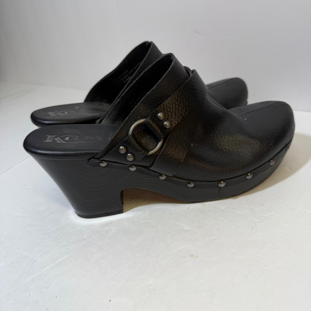 Korks by Kork-Ease Black Leather Studded Platform Clogs Mules 11/43 013500
